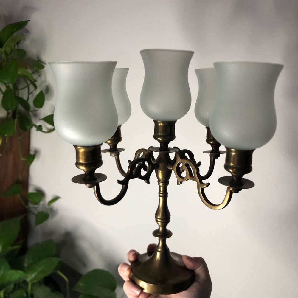 5-Arm Brass Candelabra – Frosted Glass Tulip Sconces – Regency Decor